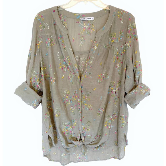 Figueroa & Flower Tops - Figueroa & Flower Boho Embroidered Tan Tunic ~ 2X